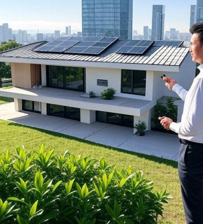 Hombre revisando una vivienda sostenible con paneles solares en el Bajío, ideal para inversión inmobiliaria 2025