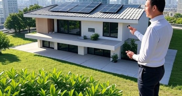 Hombre revisando una vivienda sostenible con paneles solares en el Bajío, ideal para inversión inmobiliaria 2025