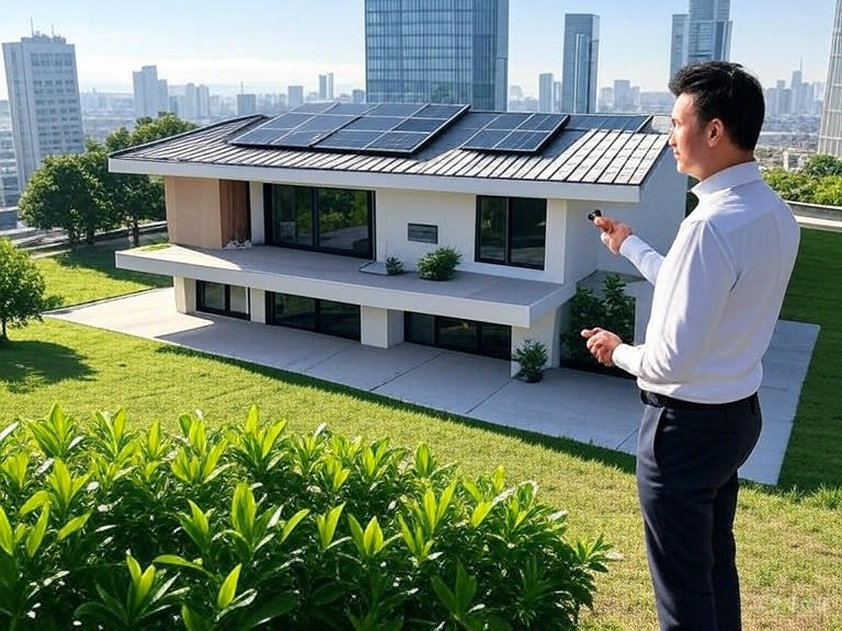 Hombre revisando una vivienda sostenible con paneles solares en el Bajío, ideal para inversión inmobiliaria 2025