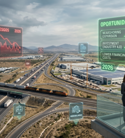 Ejecutivos analizando un panel de datos interactivo sobre oportunidades de negocio y nearshoring en una zona industrial del Bajío en 2026.