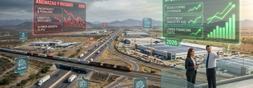 Ejecutivos analizando un panel de datos interactivo sobre oportunidades de negocio y nearshoring en una zona industrial del Bajío en 2026.