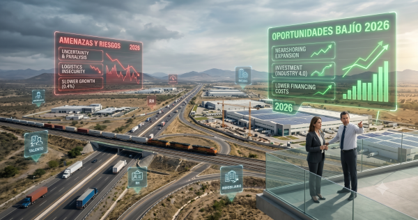 Ejecutivos analizando un panel de datos interactivo sobre oportunidades de negocio y nearshoring en una zona industrial del Bajío en 2026.