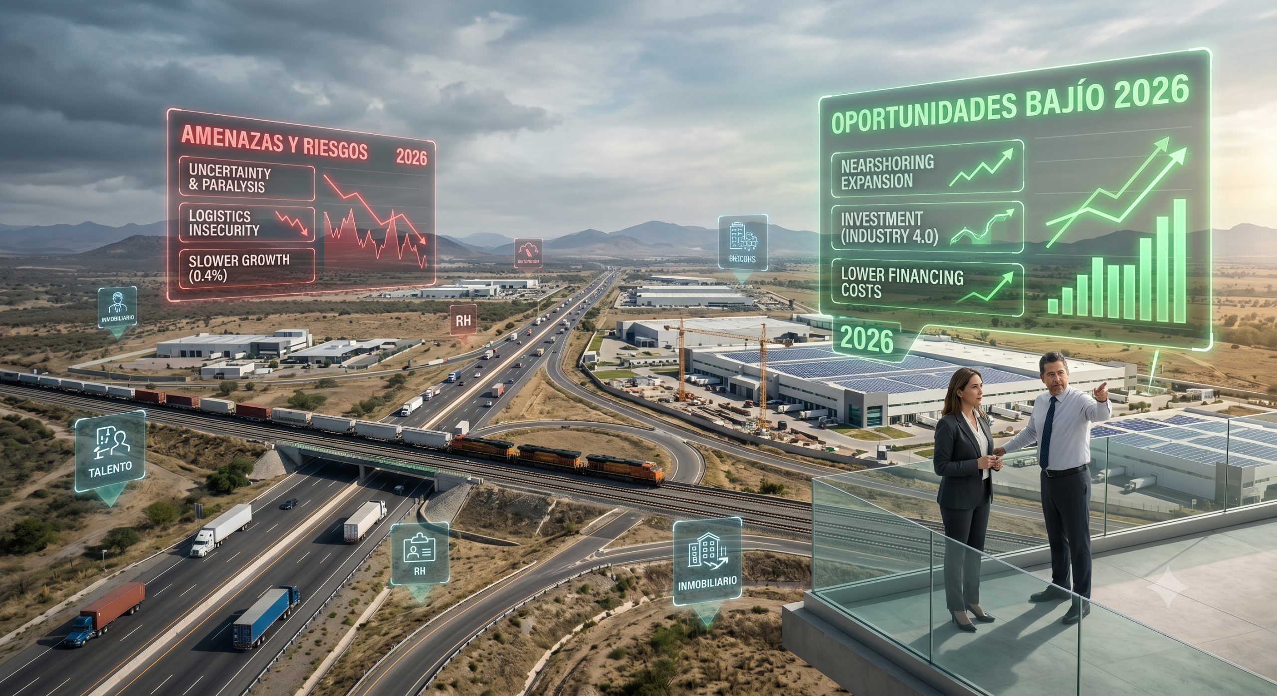Ejecutivos analizando un panel de datos interactivo sobre oportunidades de negocio y nearshoring en una zona industrial del Bajío en 2026.